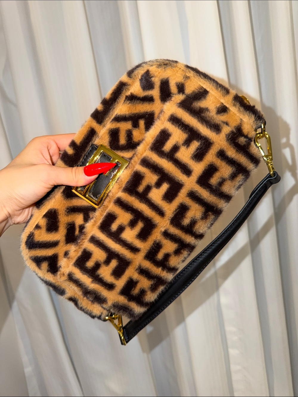 Brown and Black FF Shearling Shoulder Bag